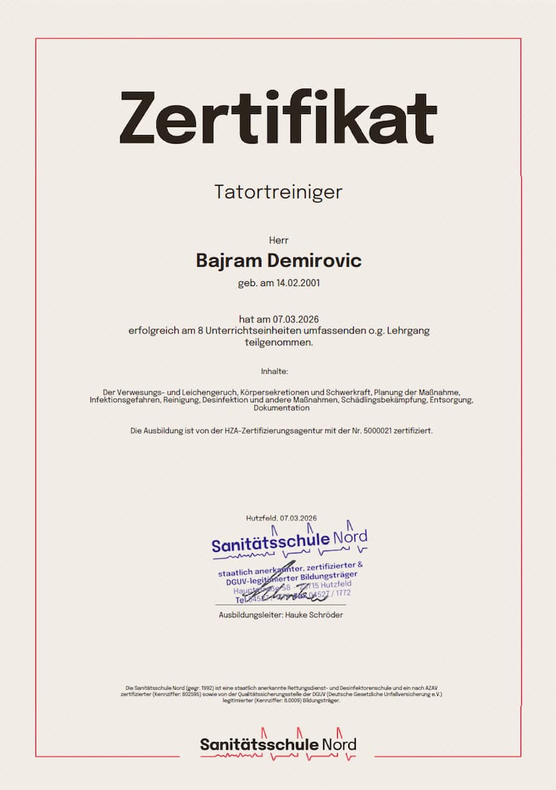 Zertifikat – Biohazard Tatortreinigung